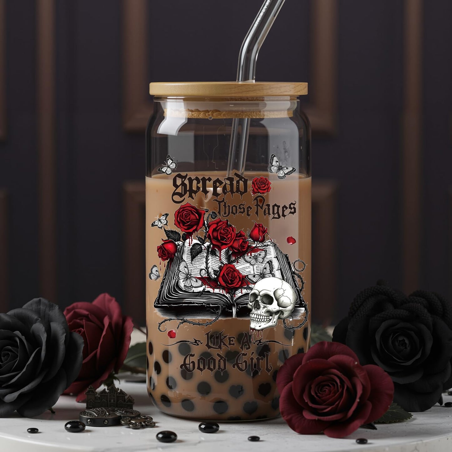 Deorfuy Gothic Glass Cup Gifts for Women Girls, 16 Oz Dark Romance Theme Glass Cup with Lids Straw Gifts, Spooky Skeleton Halloween Tumbler Present