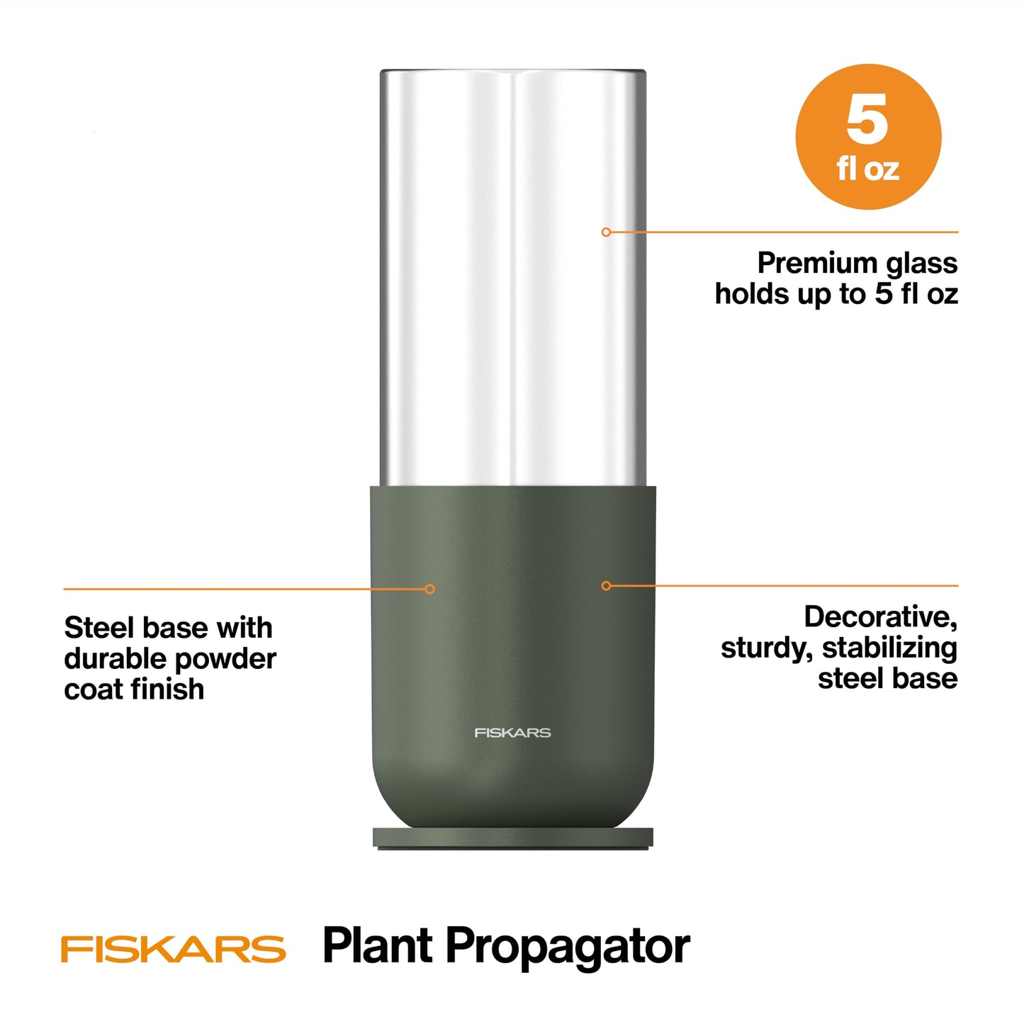 Fiskars Plant Propagator, Single Glass Vase with Metal Stand for Rooting Cuttings, Hydroponic System for Indoor Gardening Decor, Straight Sided Flute for Safe Root Removal, 5 oz, Clear