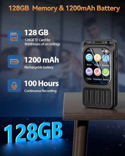 128GB Digital Voice Recorder with Bluetooth & 2" Touchscreen, 3072Kbps HD XIXITPY Voice Activated Recording with Password, Playback, A-B Repeat, MP3 for Lectures, Meetings, Interviews