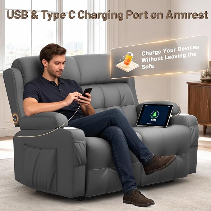 Reclining Loveseat with Pebble Texture Fabric, Loveseat Recliner with USB/Type