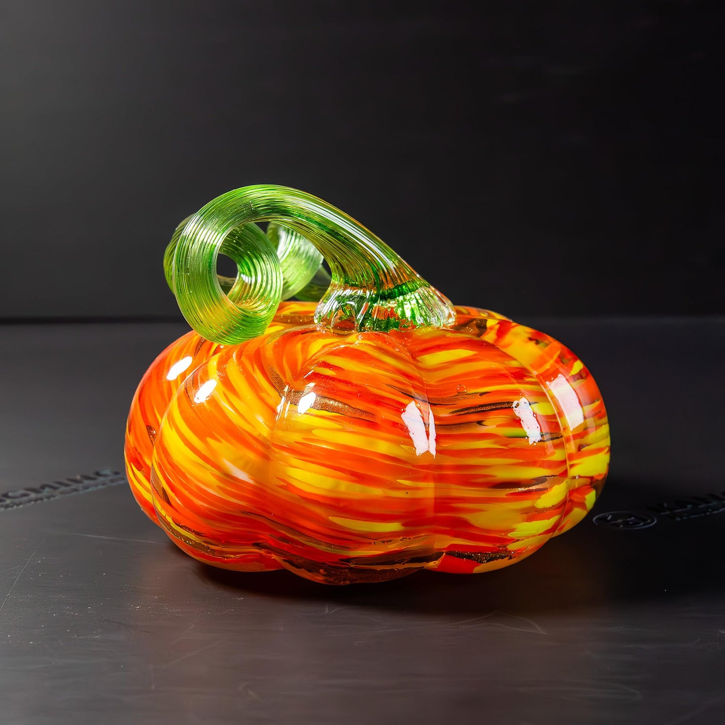 kangming Hand-Blown Glass Pumpkin, Rustic Amber Stripe Art Glass Harvest Decor, Autumn Figurine Sculpture for Halloween & Thanksgiving Table Centerpiece (Rustic Amber Stripe)