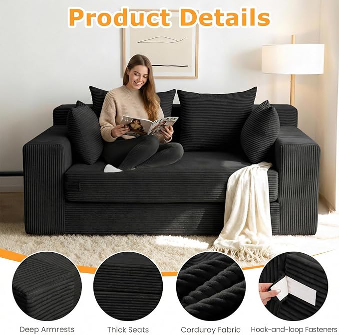 55" Small Boneless Couch, 3-in-1 Boneless Loveseat Sleeper Sofa Bed Convertible