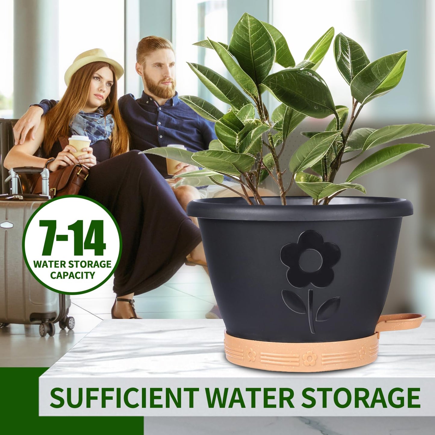 XMPBFYH Plant Pots, Flower Pots for Indoor/Outdoor Plants, Self Watering Plastic Planters Pots with Drainage Holes, Saucer & Reservoir, Decorative Nursery Planting Pots(10 Inch Set of 4) (Black)