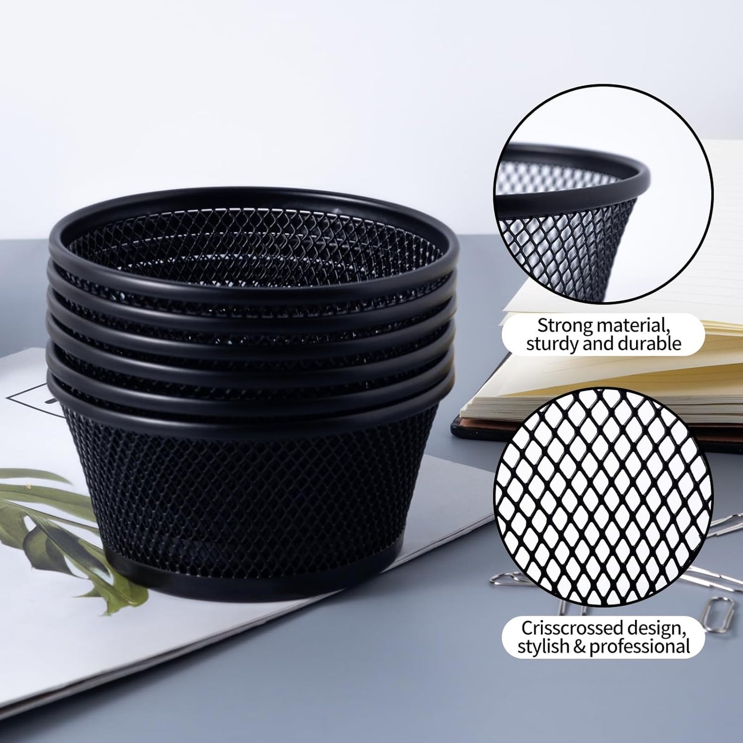 SLSON 6Pack Paper Clip Holder Wire Mesh Paperclip Dish Holders Desktop Round Paper Clip Dispenser for Desk Office Organizer Accessories,Black