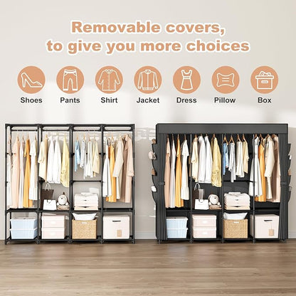 Portable Closet for Hanging Clothes, 67 Inch Wide Portable Wardrobe Closet with Cover, 4 Hanging Rod, Storage Shelves and Side Pockets, Large Free Standing Closet for Bedroom, Black