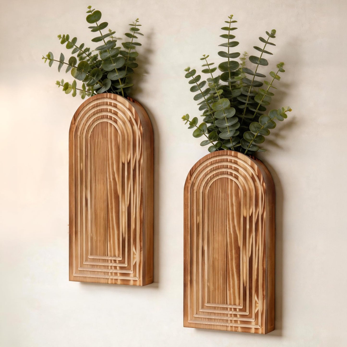 Wooden Wall Vase Set of 2 - Boho Natural Wood Wall Hanging Planter for Plants & Flowers,Modern Farmhouse Wall-Mounted Planters for Living Room,Entryway,Kitchen,Patio,Hallway,Wall Art for Home Decor