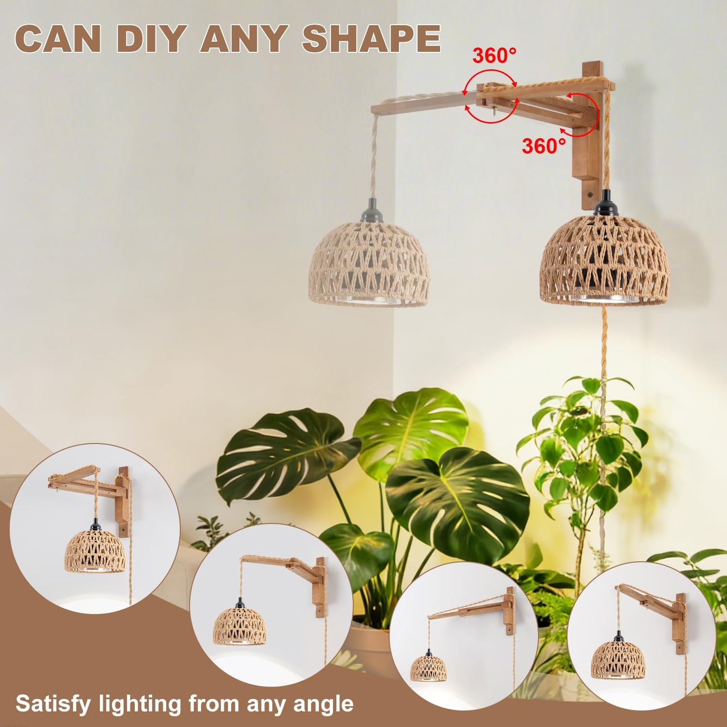 30W 4000K Indoor Plant wall Mounted Growth Light, Bohemian Style wall Mounted Plant Light with Timer, Equipped with a 14 Foot Power Cord, Suitable for Indoor Plant Cultivation and Floral Display