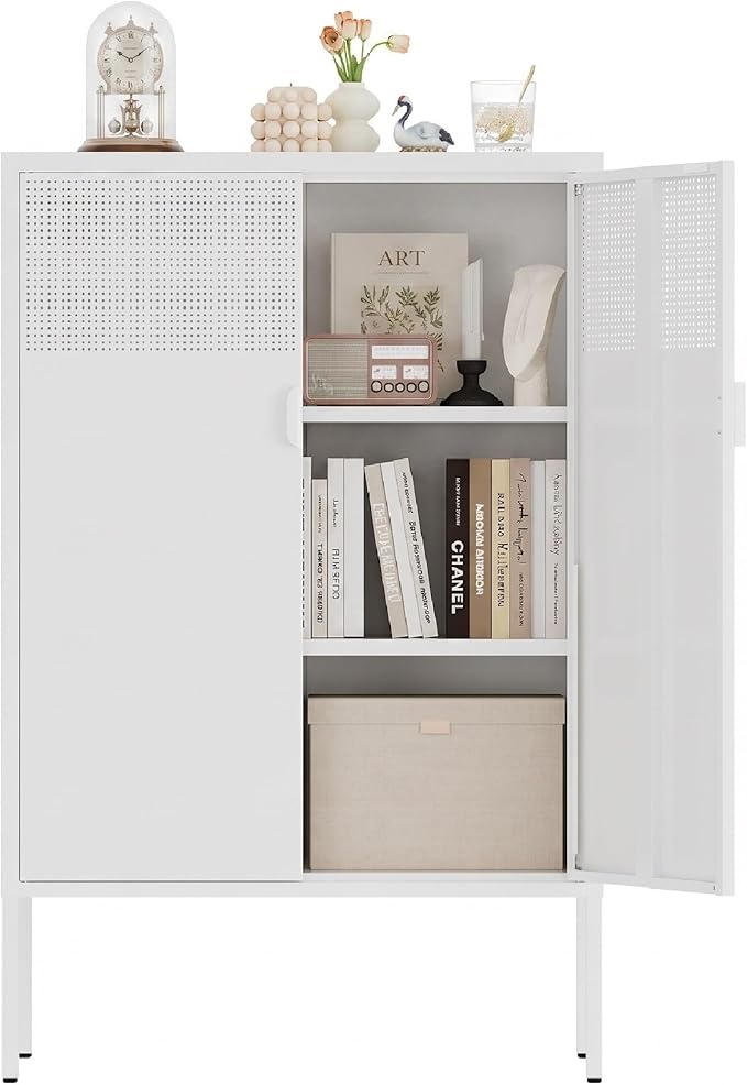 Metal Storage Cabinet, 2 Door TV Stand, Metal Mesh Accent Cabinet, Magnetic