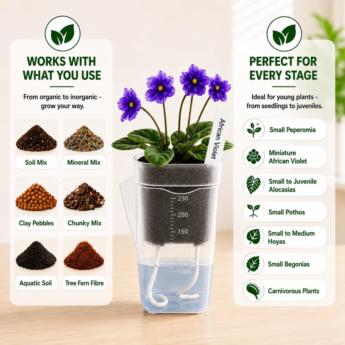 Sileasncei 6 Pack 2.5" Self Watering Seed Starter Cups, Clear Mini Planters for Indoor Plants, Help Prevent Overwatering, Promote Healthy Growth for Seedlings, Cuttings & Small Plants, with 6 Labels