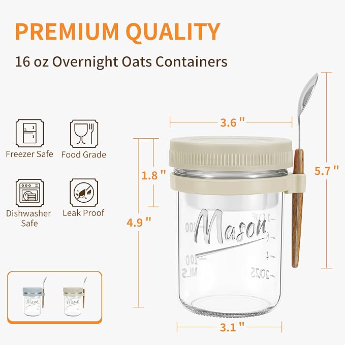 Xyptorix 2 Pack Overnight Oats Containers with Lids and Spoons, 16 oz Mason Jars with Removable Separate Compartments, Airtight and Leak-Proof Glass Jars for Chia Pudding, Yogurt, and Oatmeal