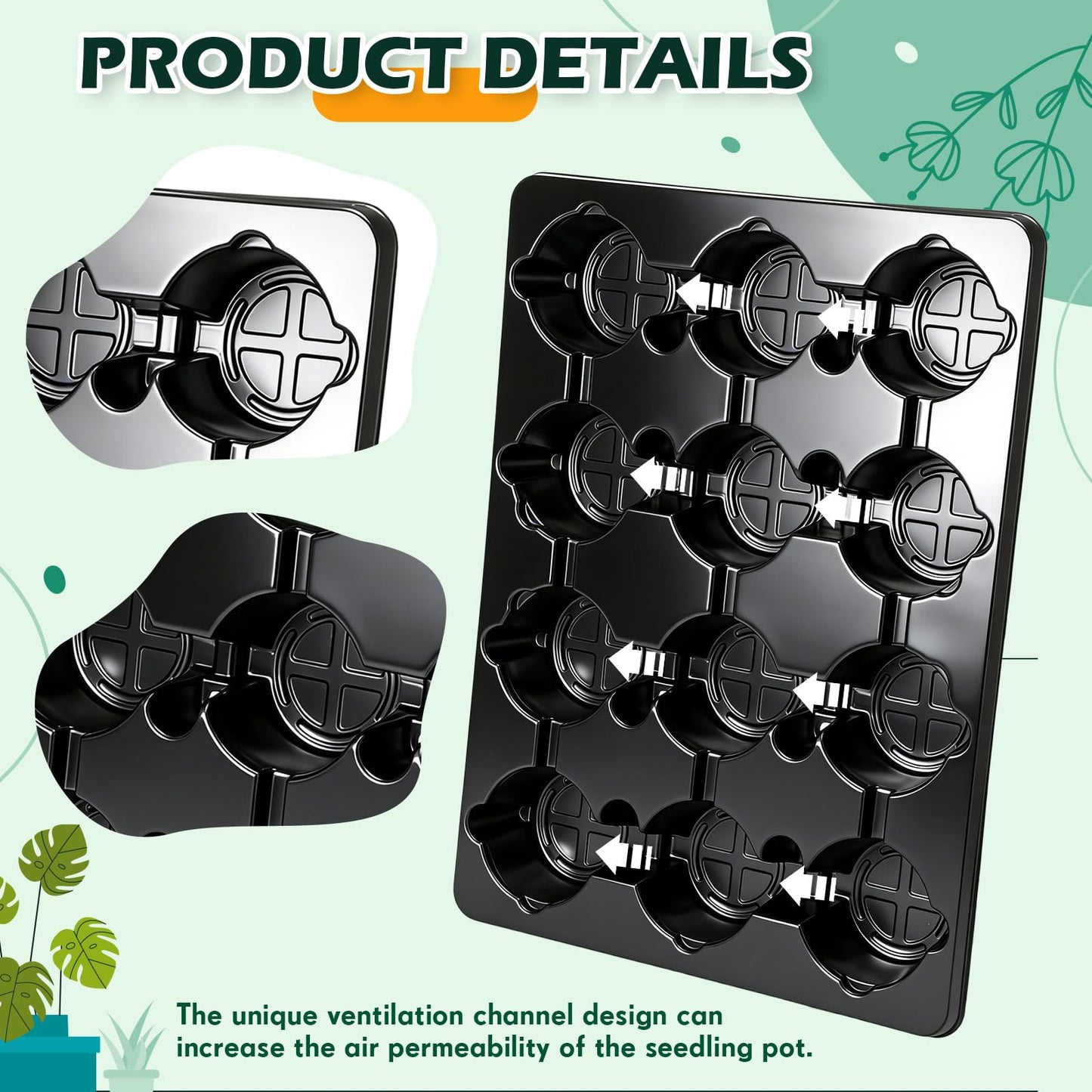 Baderke 96 Pcs 4 inch Seedling Pots and 8 Pcs 12 Cell Reusable Plastic Nursery Pots Trays Thick Sturdy Seeds Starting Germination Carrying Trays Black Small Planter Nursery Propagation 8 Sets(Black)