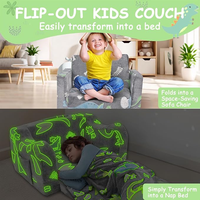 2-in-1 Soft Plush Toddler Couch & Chair – Fold Out Convertible Sofa to Lounger