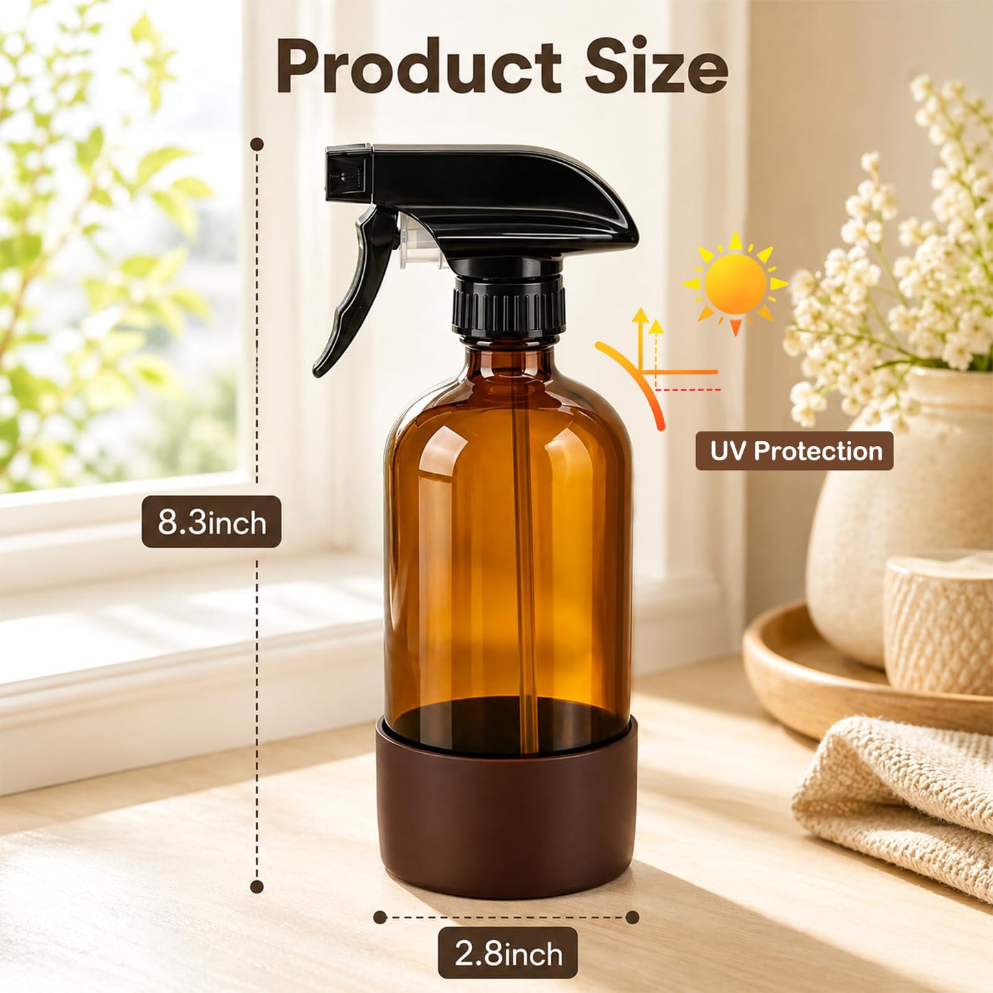 CHEODIN 360° Glass Spray Bottles 16 oz for Hair Cleaning with Silicone Sleeve, 2 Pack Amber Refillable Containers with Adjustable Spray Nozzles, Empty Spray Bottles for Plant Amber