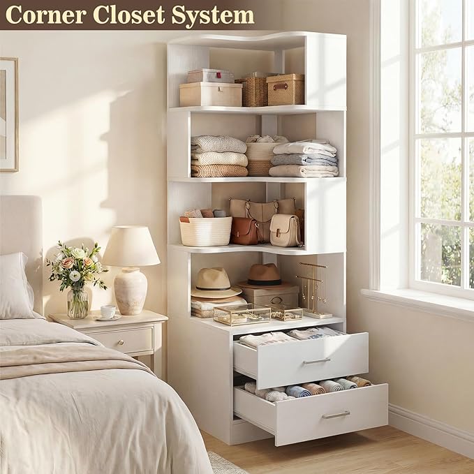 Armocity Corner Bookshelf with Drawers, 7 Tier Corner Book Shelf Display