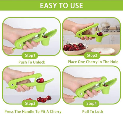 Cherry Pitter Tool, Heavy-Duty Stainless Steel Pitting Tool, Portable Cherries Corer Stoner Seed Tool with Lock Design, Fruit Pit Remover for Cherry Jam (Green)