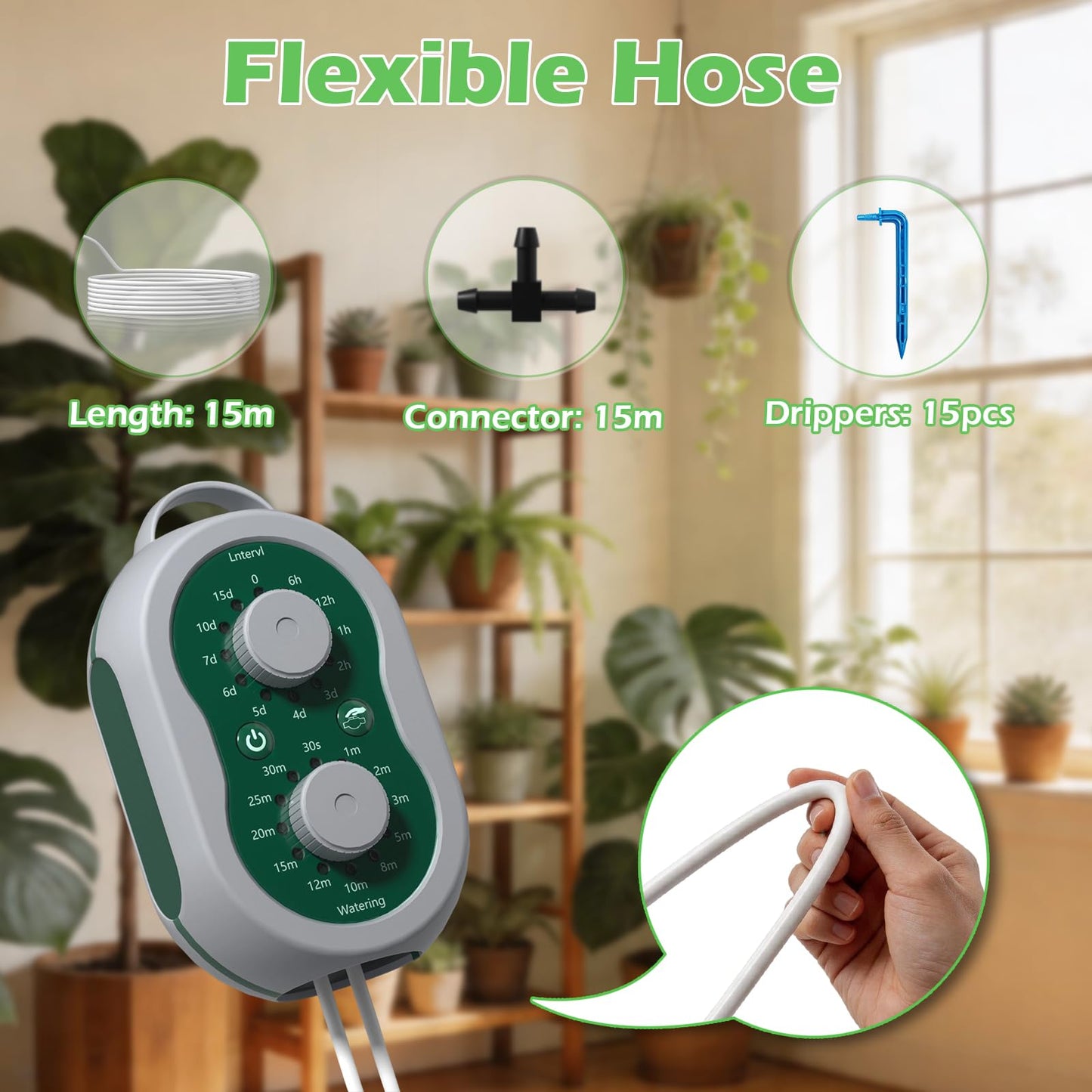 Automatic Drip Irrigation System for Garden with USB & Timer, 50FT Plant Watering Devices for 15 Pots, IP65 Waterproof 2200mAh Watering System for Indoor Outdoor Lawn Farm Greenhouse Balcony Patio