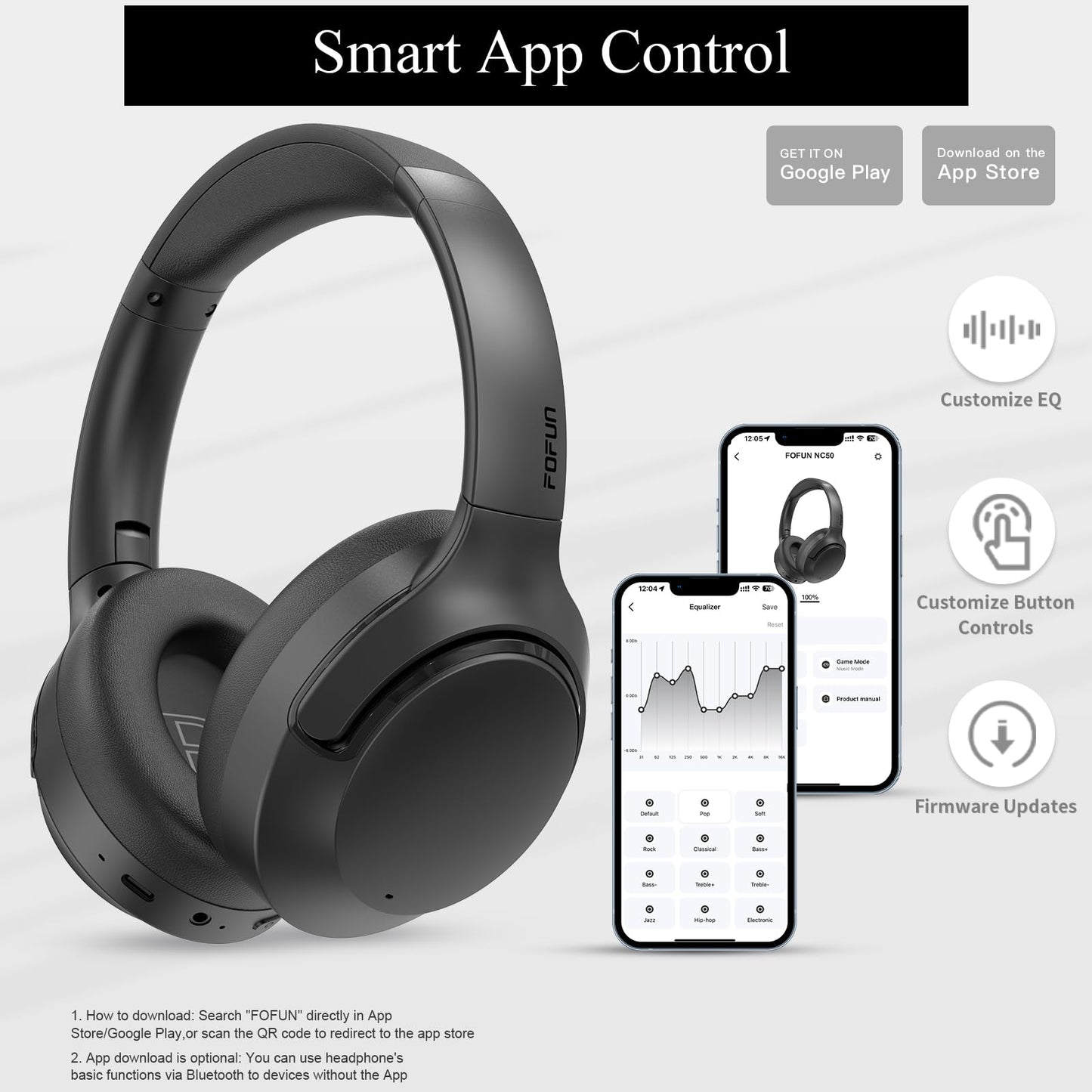 Active Noise Cancelling Headphones, 65H Bluetooth Headphones, Custom EQ via App Headphones Wireless with Mic, Bluetooth 6.0 Foldable Lightweight Headsets for Commuting Travel Work Home (Black)