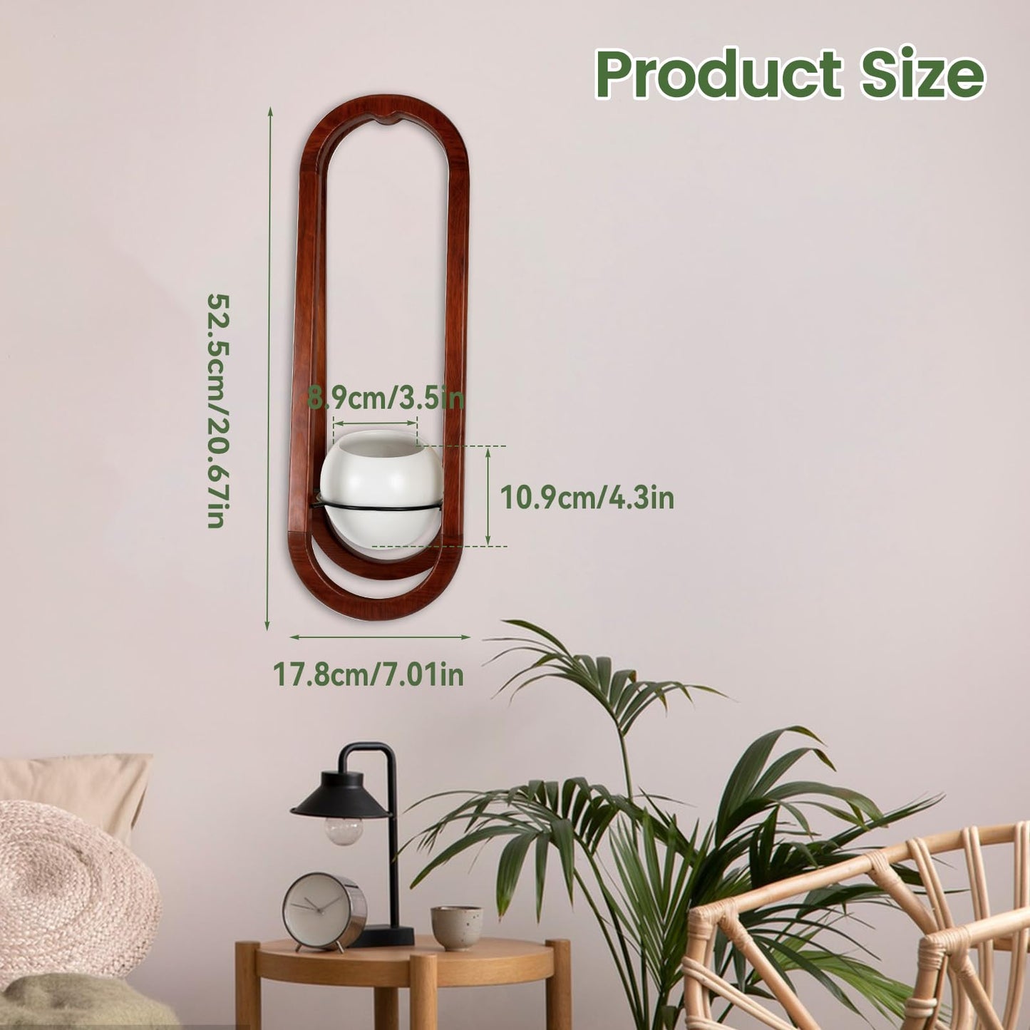 JOJOCY Wall-Mounted Modern Oval Wooden Vase 2PCS, Oval Hanging Plant Stand with Ceramic Pots for Indoor Living Room Bedroom Decor (Walnut Wood)