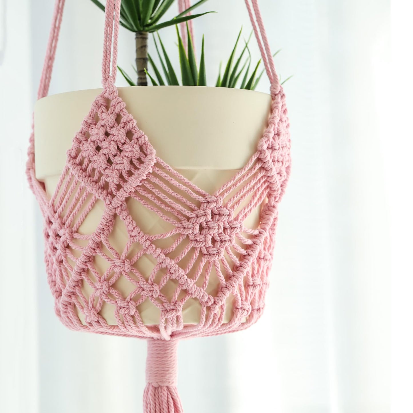 Hanging Planter with Patterns,2Packs Macrame Plant Hangers Indoor Macrame for up to 8 inch Pot Crochet Boho Plant Hanger Holder for Indoor Outdoor with 2S Shaped Stainless Steel Hooks (Pearl Pink)