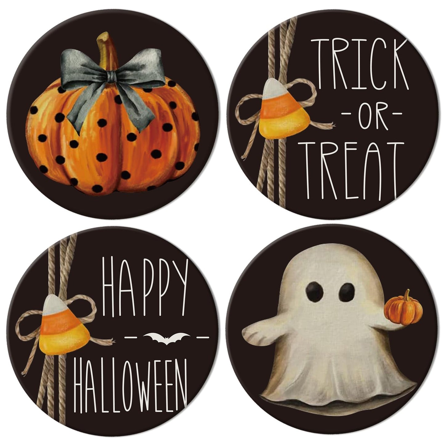 Whaline 4Pcs Happy Halloween Coasters Trick or Treat Ghost Pumpkin Ceramic Coasters Absorbent Cup Mat for Home Kitchen Office Party Table Decor
