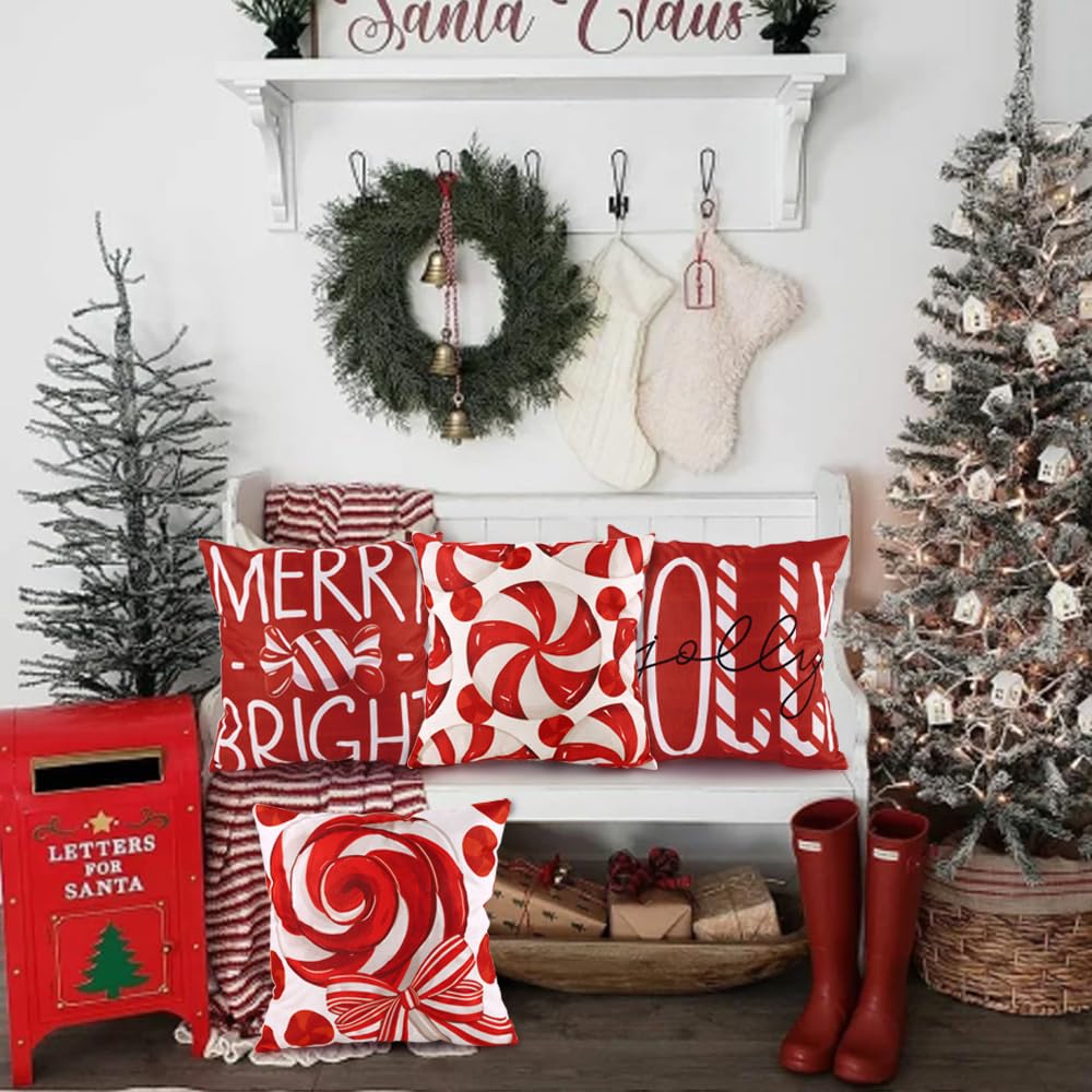 Heirloom Haven 4pcs Christmas Pillow Covers Decoration,18x18in Red Candy Pillow Case Merry Bright Holly Throw Pillow Covers Cushion Cases for Winter Holiday Seasonal Farmhouse Couch Sofa Home Decor