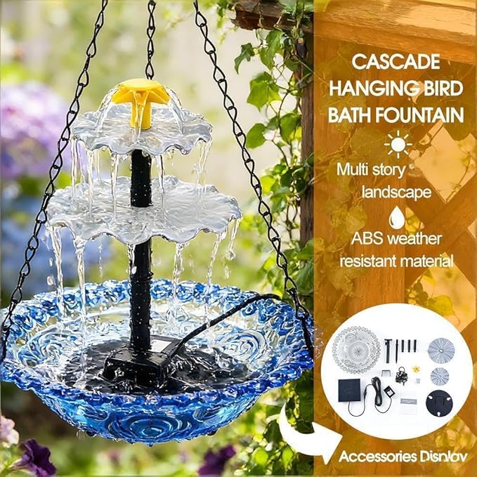 Solar Fountain for Bird Bath，Solar Cascade Hanging Bird Bath Fountain，Large Humming Birds Baths Fountains, with Solars Pump & Glass Bowl, for Outdoor, Gardens (Blue)