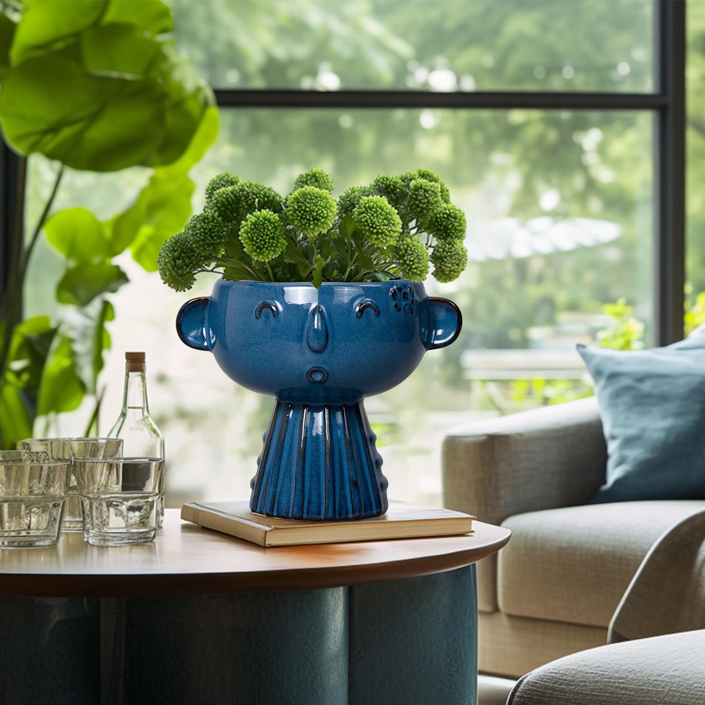 Fivepot Head Planter Pot - 7 Inch Cute Face Planter for Indoor Outdoor Plants Ceramic Succulent Pot Round Flower Pot Present for Mother Christmas with Drainage Hole Blue