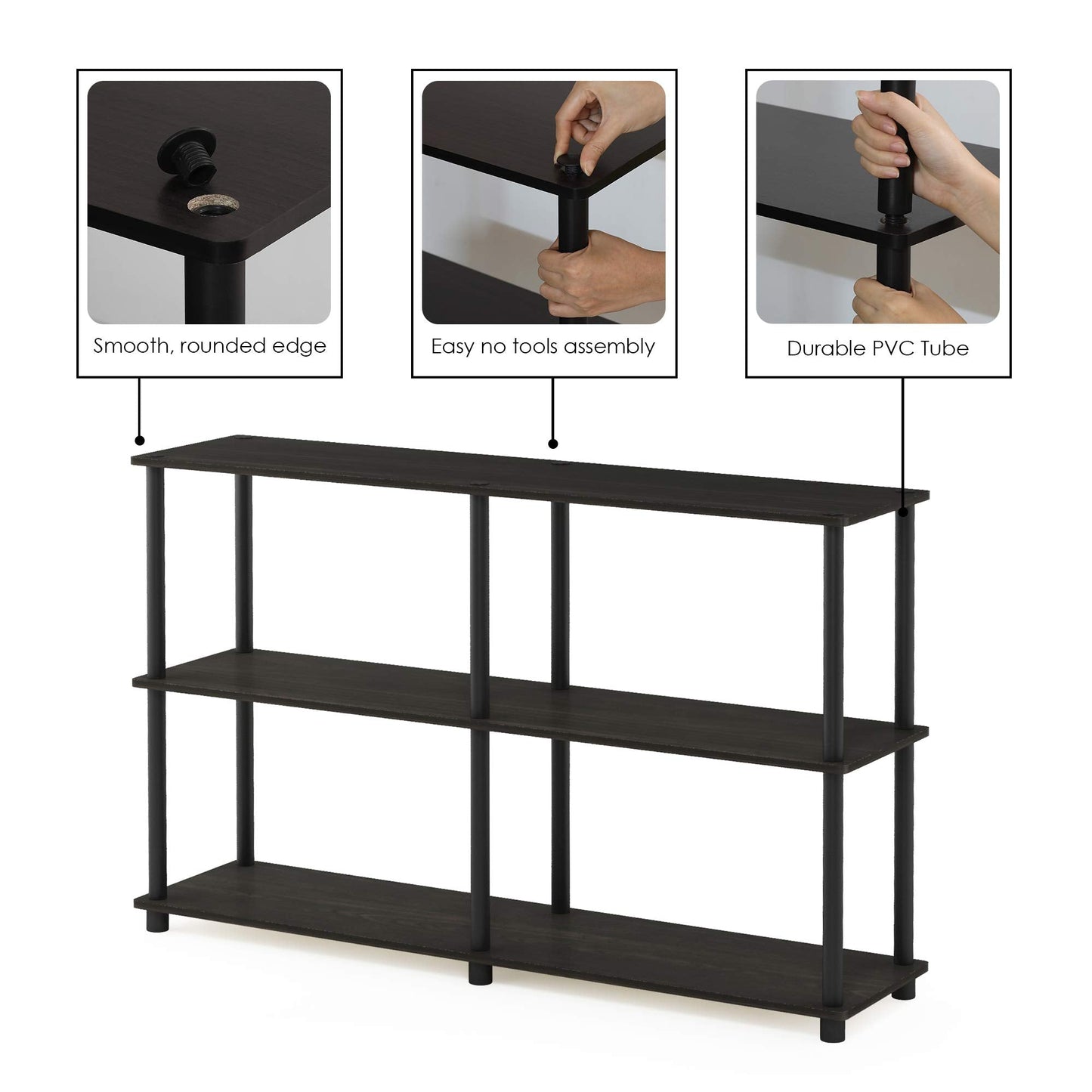 Furinno TURN-N-TUBE Storage Shelves, 3-Tier 47.4 Wide Book Shelf, Corner Shelf, Toolless Open Shelves, for Organization and Storage, Living Room, Garage, Home Office, Espresso