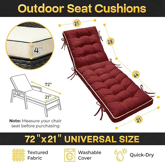 72x21 Inch Folding Chaise Lounge Cushion Quick Dry