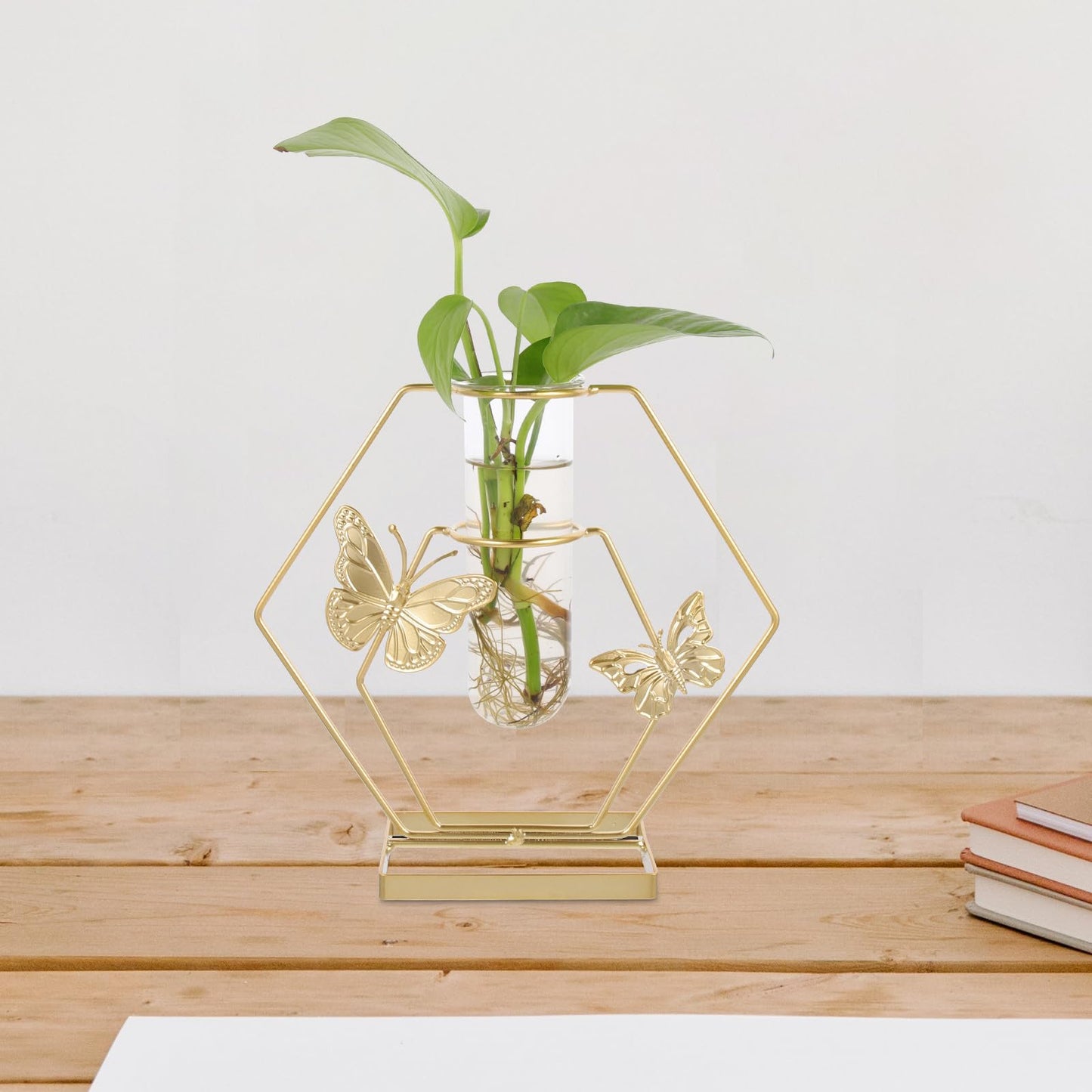 BESPORTBLE Hydroponic Glass Vase with Butterfly Pattern, Hexagonal Decorative Flower Holder, Metal Frame Plant Terrarium for Home and Living Room Table Décor