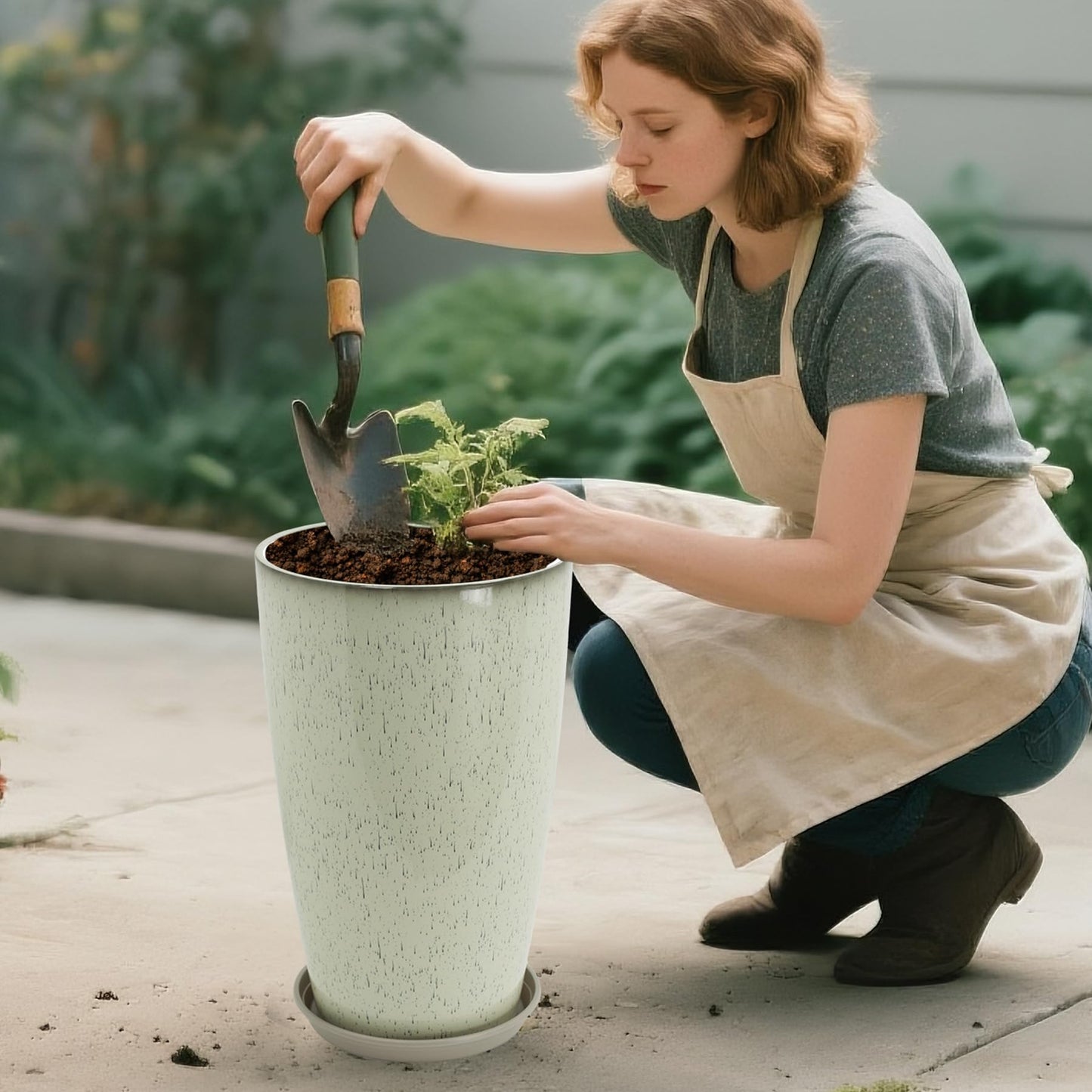 Neoaider Set of 2 Lightweight Ceramic-Look Tall Planter, 21 inch Large Plastic Planter with Drain Hole & Saucers, Large Outdoor Planters for Porch, Garden, Patio, Balcony(Drip Glaze)