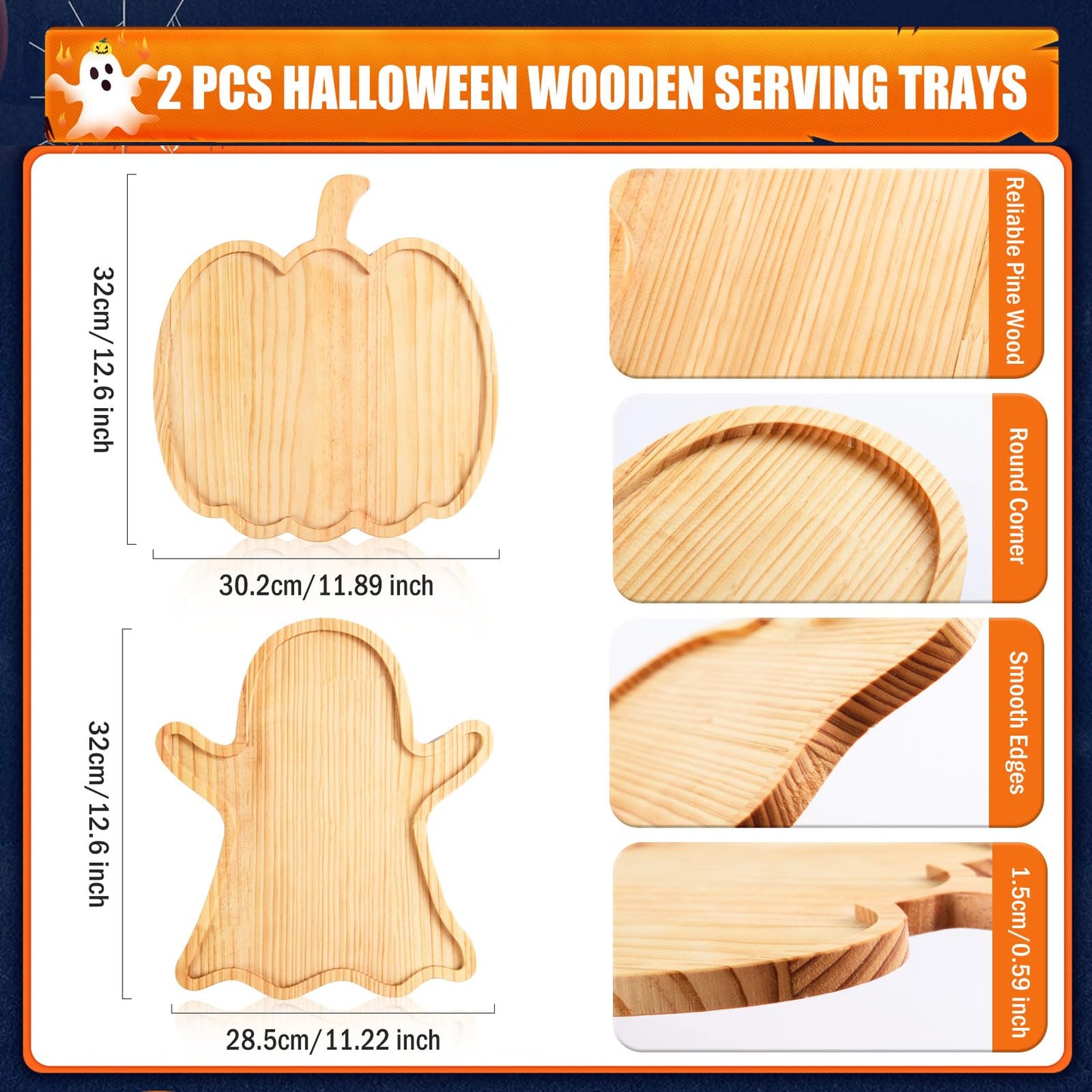 FOBSME 2 Pcs Halloween Wooden Serving Platters Pumpkin and Ghost Shape Charcuterie Boards Fall Wood Serving Trays Decorative Wood Snack Dish Plates for Halloween Autumn Holiday Housewarming Presents