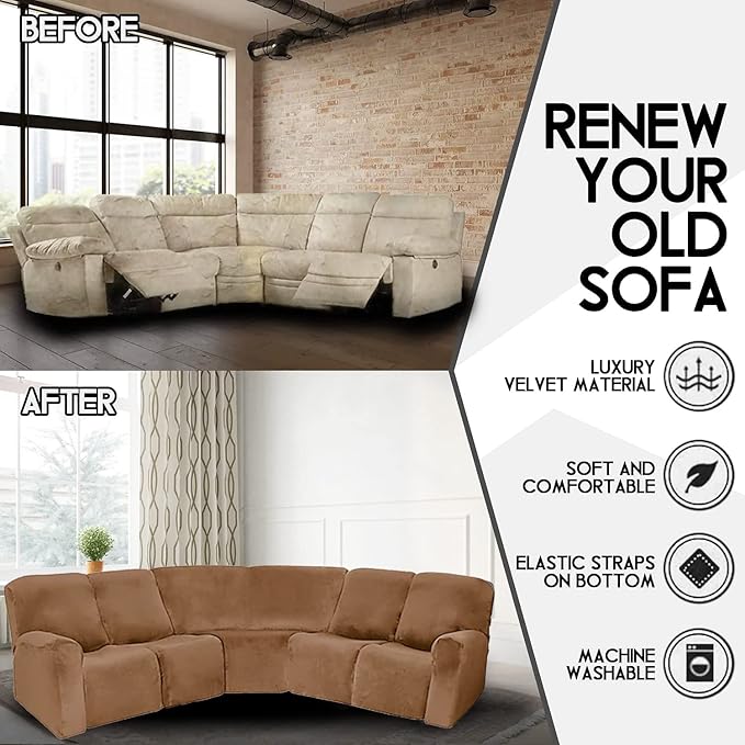 LightInTheBox 7-Piece Velvet Stretch Reclining Couch Covers 5 Seats Corner Sofa