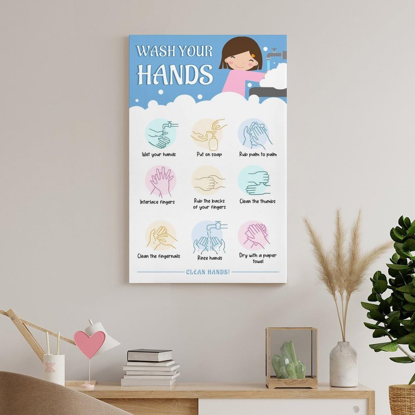 LINWDSB Handwashing Poster – Wash Your Hands Sign for Kids Preschool, Daycare, School Nurse & Classroom Bathroom Posters style 12x18inch(30x45cm)