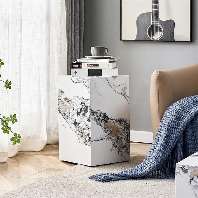 End Table, Side Table Living Room Table, Faux Marble Sofa Couch White Bedside