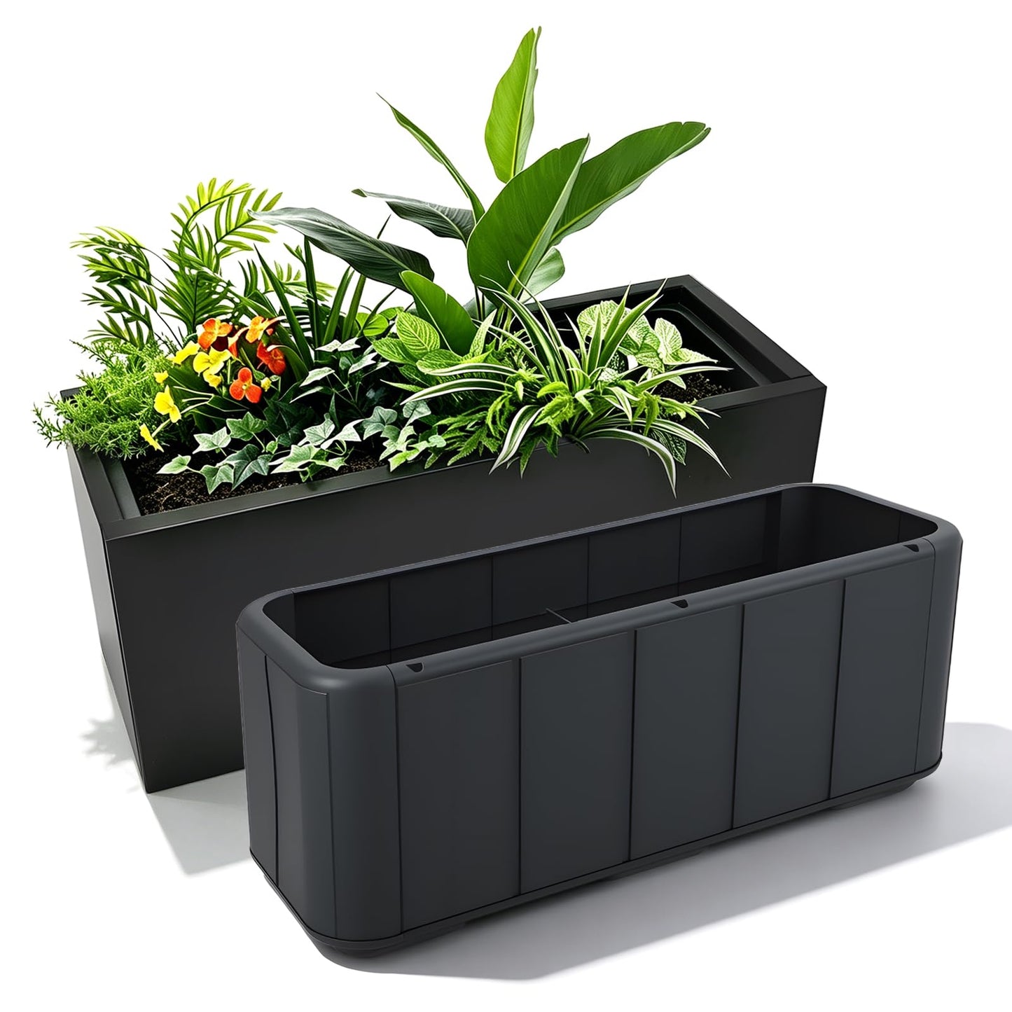 XHIKOWAT Large Rectangular Metal Planter Boxes with Plastic Inner Pot & Wheels - 33" Lx12 Wx14 H Balcony Flower Bed with Drainage Holes & Drip Tray for Outdoor Indoor Garden Patio Porch Lawn, Black
