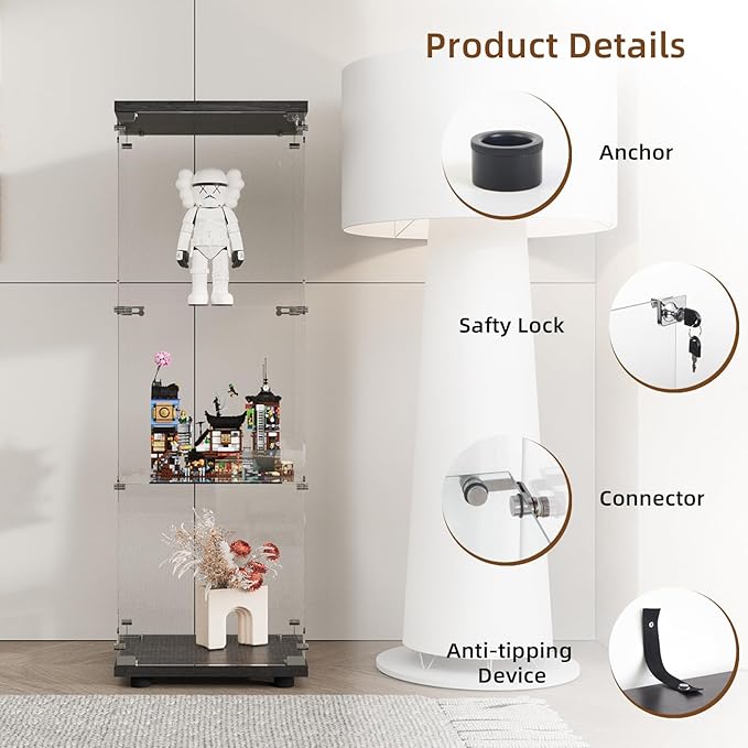 Display Cabinet with Glass Door and Lock, 3-Shelf Fast Installation Curio