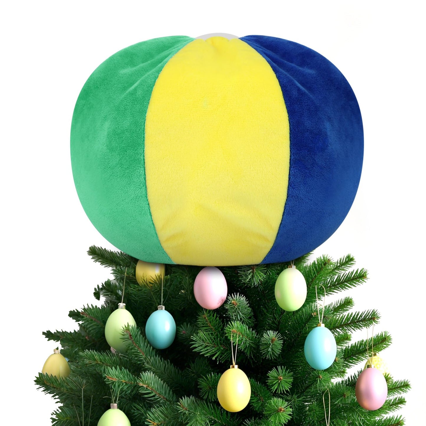 Summer Beach Ball Tree Topper, 8” Rainbow Beach Ball Tree Decor, Plush Stuffed Summer Tree Topper for Christmas in July Pool Beach Luau Hawaiian Themed Tropical Party