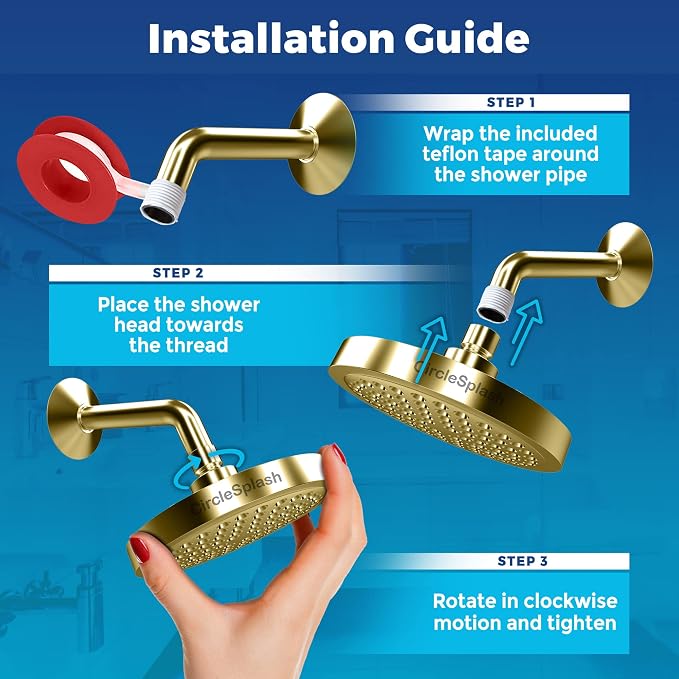 High Pressure Shower Head - Anti-Clogging Silicone Nozzles 2.5 GPM Removable Restrictor - Easy to Clean and Install - Includes Plumbers Tape - 6 inch - (Gold Finish 2.5GPM)