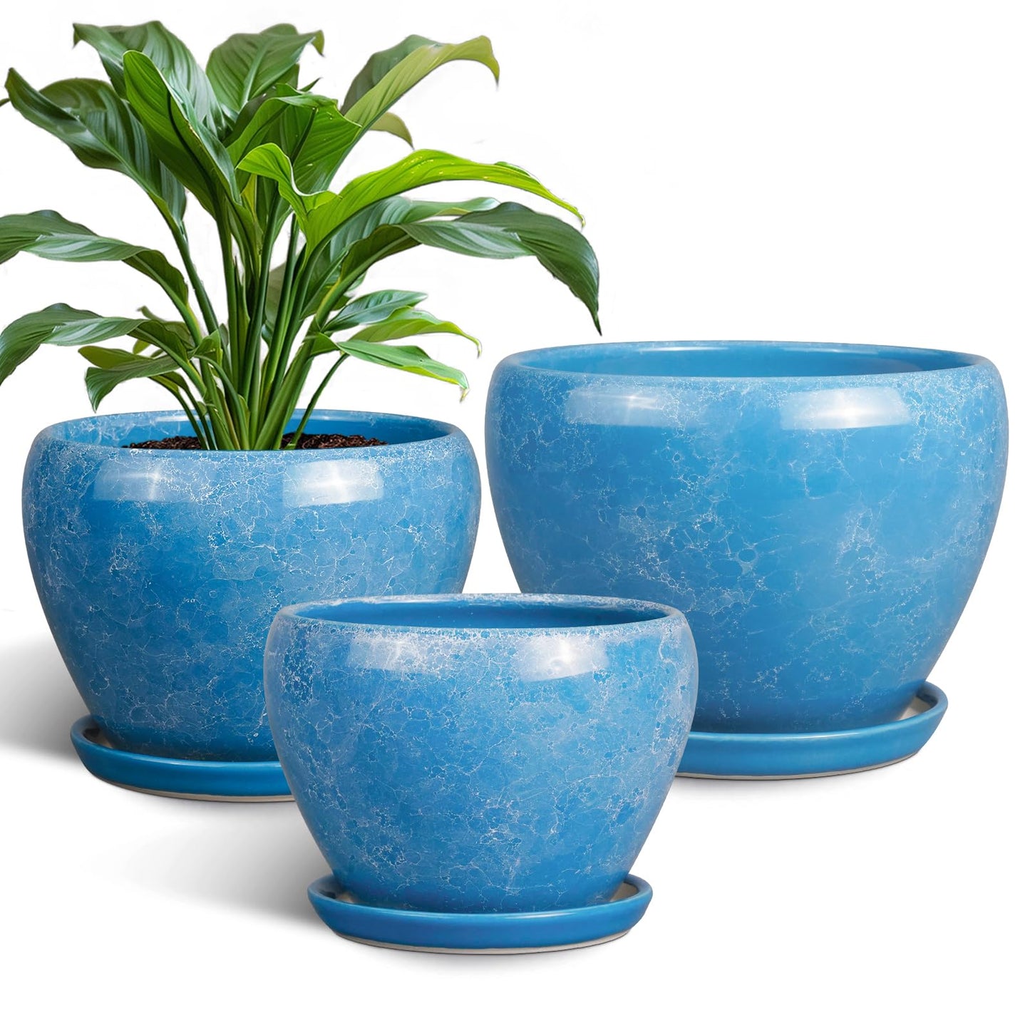 EPFamily Ceramic Plant Pots - 10+8+6 Inch Modern Round Planters for Indoor Outdoor with Drainage Holes and Plant Saucers, Room Patio House Office Decor, Gardening Gifts for Women Men, Set of 3, Blue