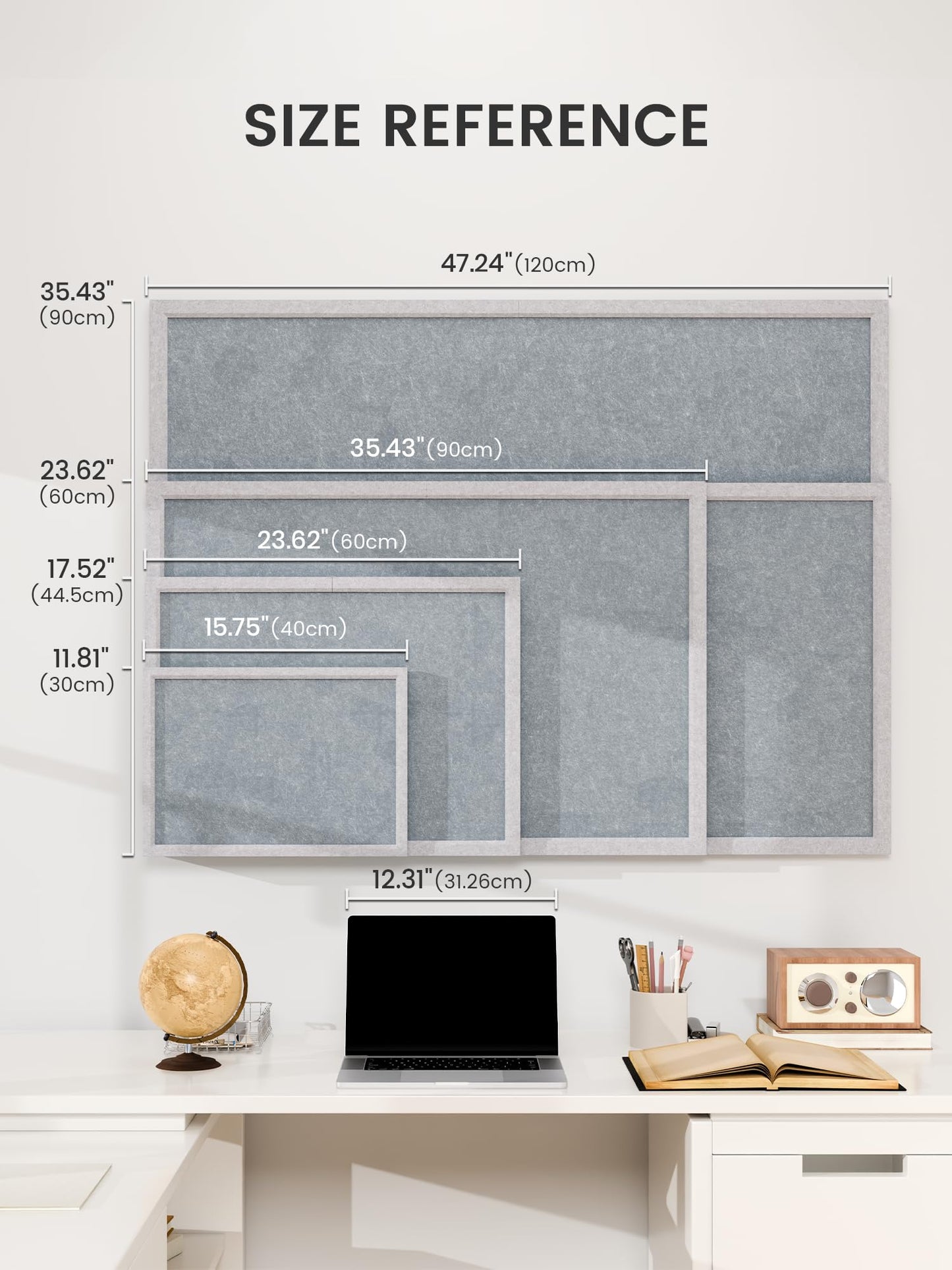 Fluxynara Foldable Cork Board Alternative, Felt Bulletin Board 23.6" x 17.5" Soft Gray Frame with 12 Adhesive Tabs, Pin Board for Home Office, Classroom, Entryway, Kitchen Wall Decor—Blue Gray