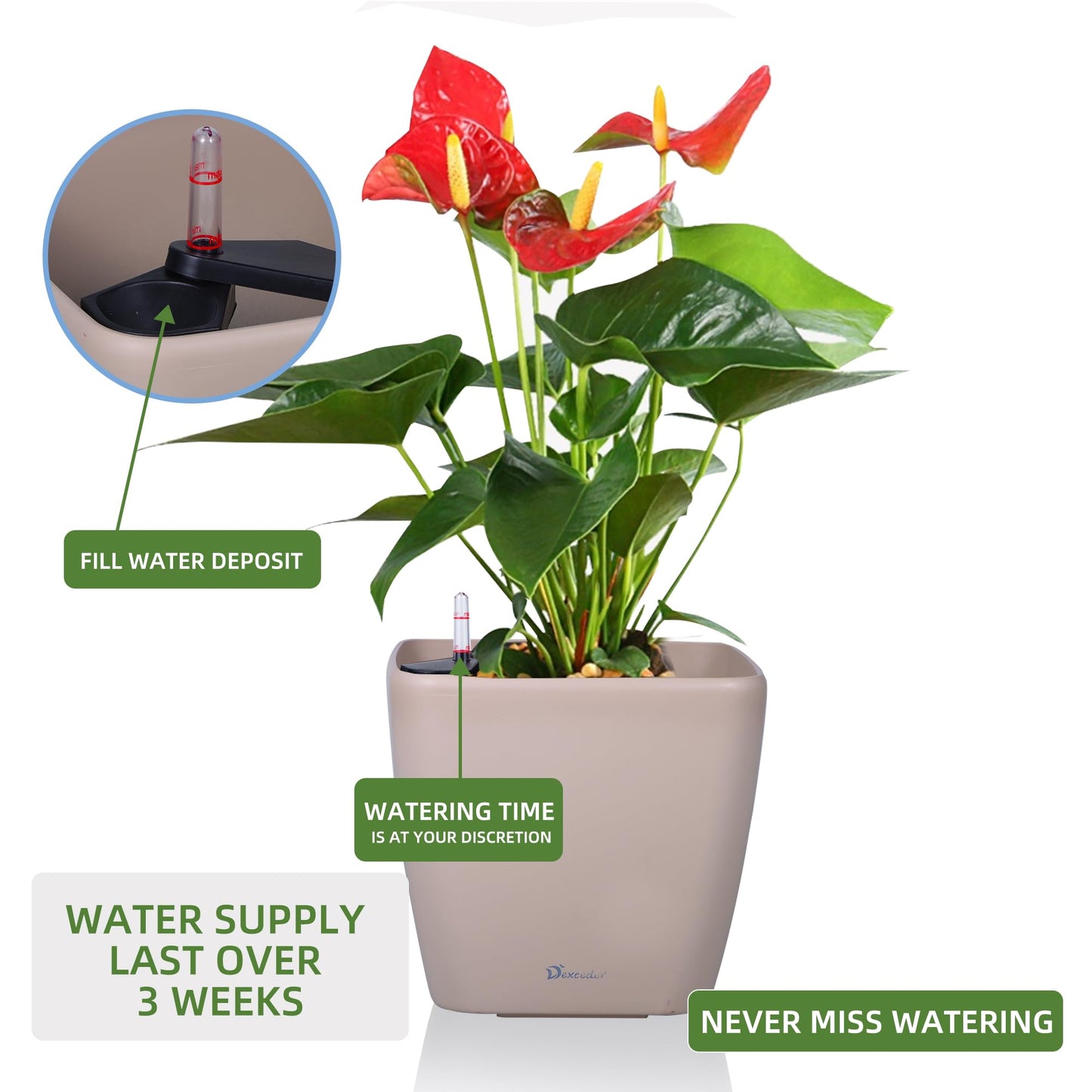 Dexceder 9x8 Self Watering Planter Indoor Outdoor, Inner Mat Design, Thickened Table Flower Plant Pot with Water Level Indicator (Taupe Matte)