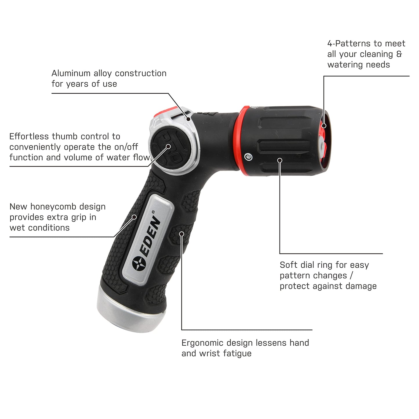Eden PRO 94827 Metal Thumb Control 4-Pattern Turbo Nozzle | Heavy-Duty Hose Sprayer for Garden, Lawn, Plants, Outdoor Cleaning, Durable Aluminum Core, Quick Connect Set Bundle