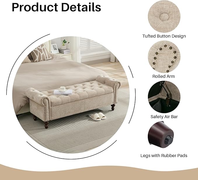 SOFTHION 58.1" Storage Bench Upholstered Chenille End of Bedroom Bed Bench