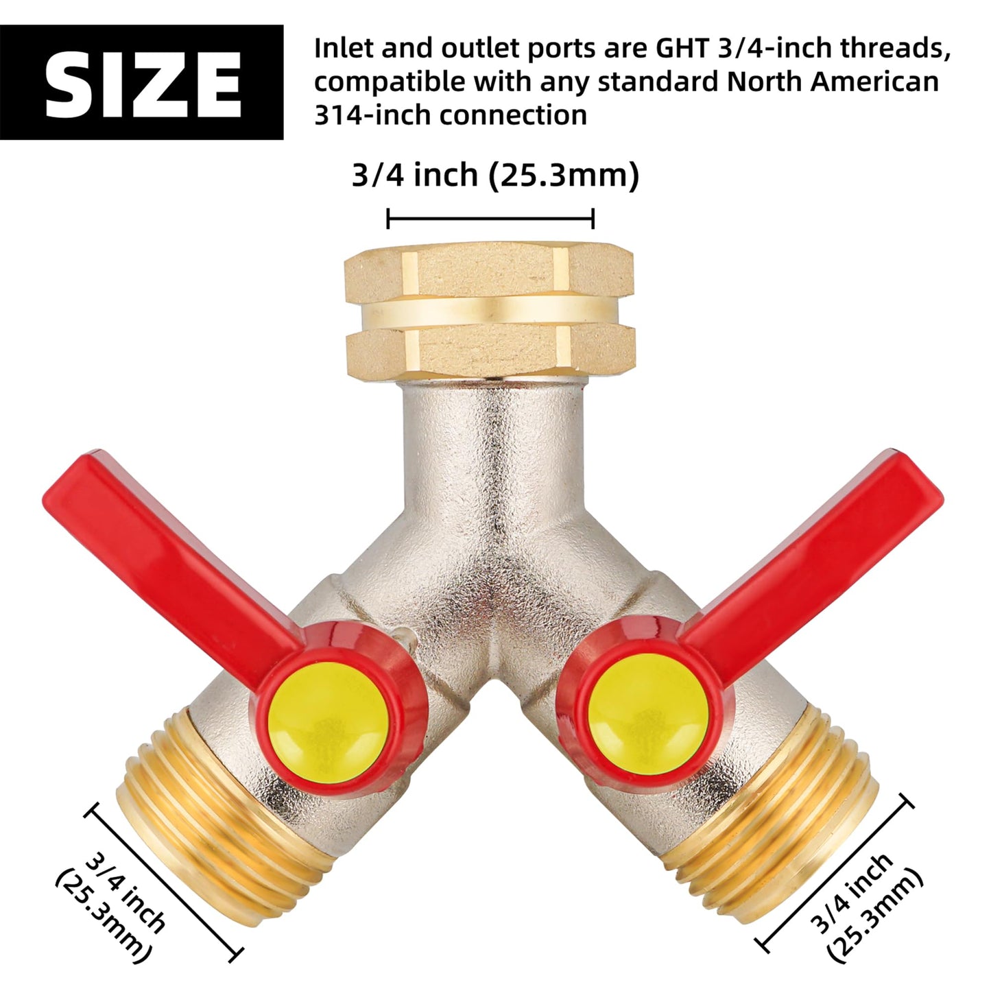 DINGBAI Hose Splitter 2 Way, Brass High Flow Garden Hose Splitter Heavy Duty, Hose Connector, Water Spigot Splitter, Full Flow Faucet Splitters with shutoff, 3/4” GHT Inlet