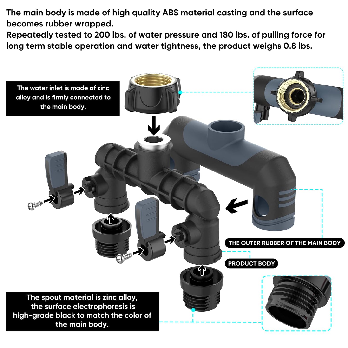2 way hose splitter outdoor spigot splitter hose bib adapter garden faucet manifold water hose connector multiple hose connection garden watering - Grey