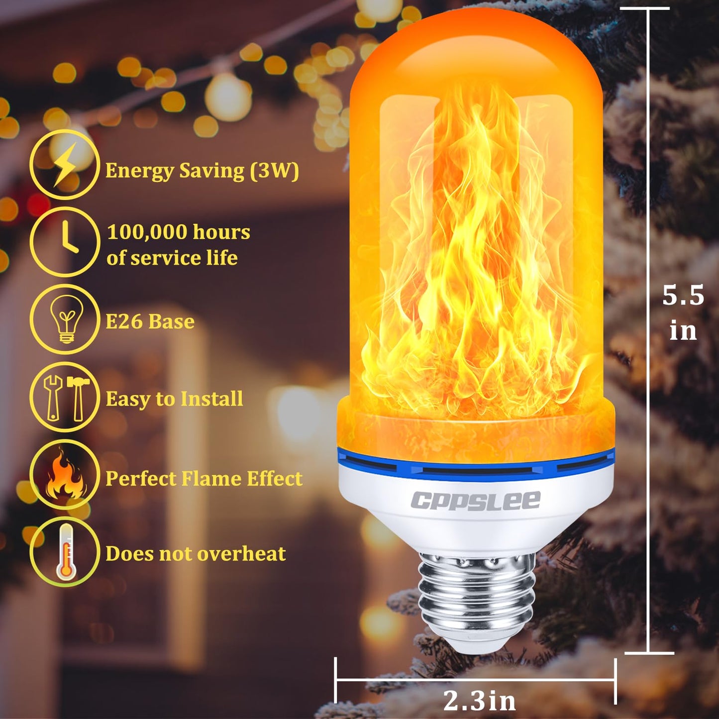 CPPSLEE Upgraded LED Flame Light Bulbs, 4 Modes Flickering Light Bulbs, E26 Base Fire Flame Bulb for Halloween Decorations Outdoor, Christmas Lights Patio Indoor Home Decor (Yellow, 2 Pack)