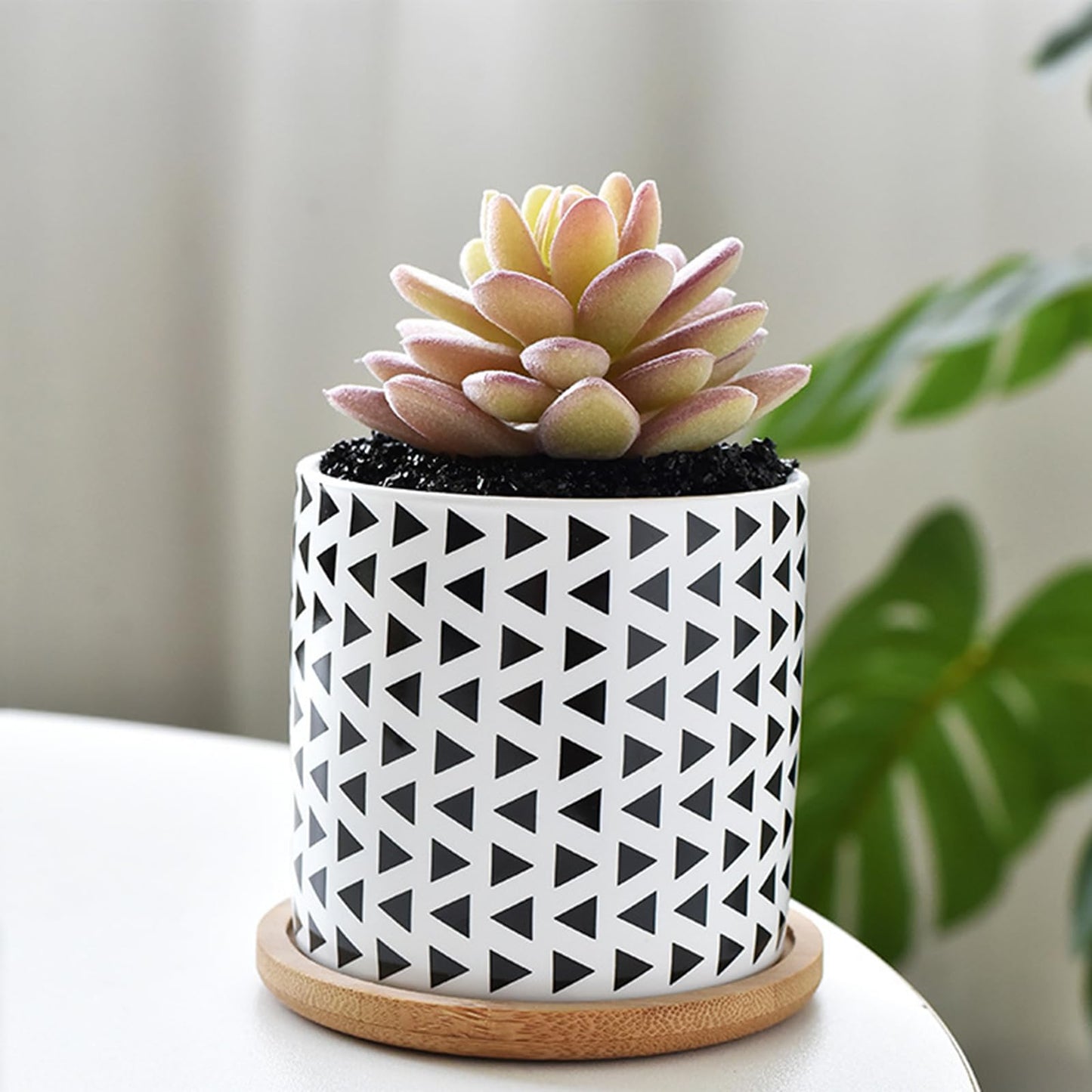 Succulent Pots, 3.5 Inch Small Succulent Planters with Drainage for Plants Live, Hand-Painted Ceramic Pot Flower Pots Bonsai Pots with Bamboo Tray, Unique Gifts for Women/Men, 4 Pack (Geometry-2)