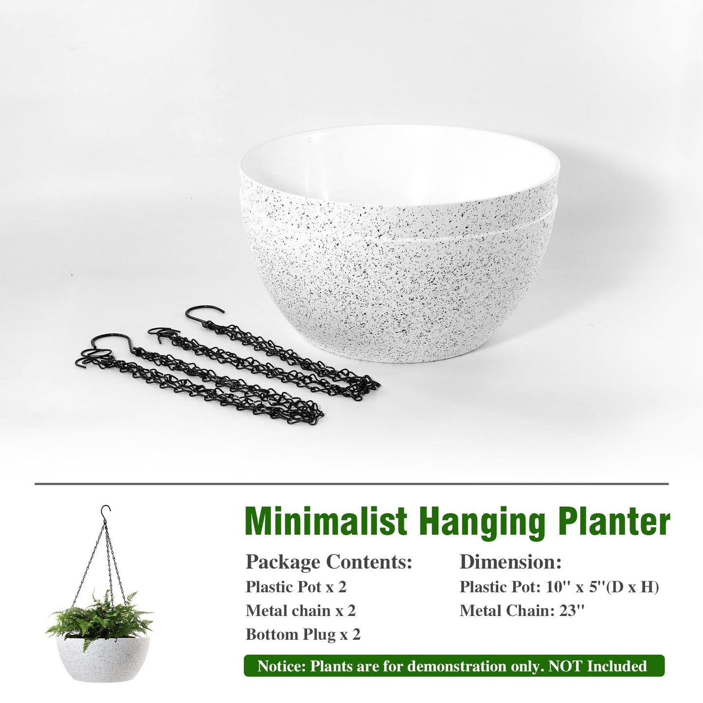 WSMKSZ 10 inch Hanging Planters for Outdoor Indoor Plants with Drainage Holes and Chain, 2 Pack Round Hanging Flower Plant Pots for Garden Home Porch Decor, Speckled White