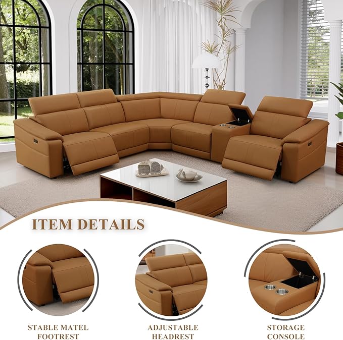 Power Recliner Sectional Sofa, L-Shaped Living Room Furniture Set, Leather